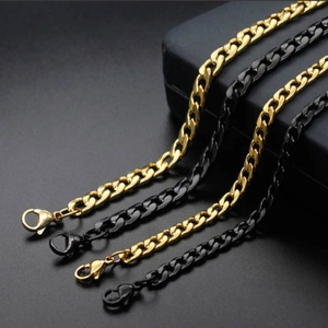Polished stainless steel Cuban link chains in gold and black finishes with lobster clasps