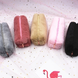 Cute octagonal plush pencil case for girls in grey pink beige and black colors