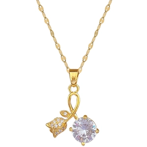 Luxurious gold-plated titanium necklace with rose pendant and sparkling round zircon stone