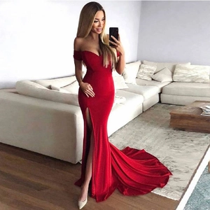 Sexy Off Shoulder V Neck Velvet Evening Gown High Slit Mermaid Floor Length Elegant Formal Party Dress