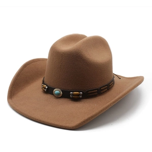 Brown wool felt western cowboy hat featuring decorative wooden beads and turquoise inlay