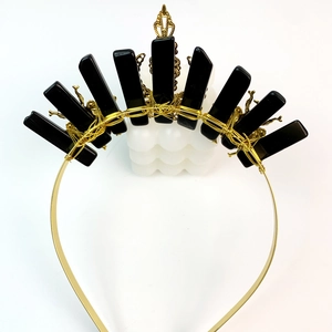 Golden crown headband with natural black crystal stones, moon and bee rhinestone charms