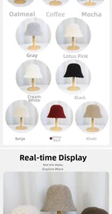 Detail of knitted bucket hat with wavy brim shown on a wooden stand in various colors