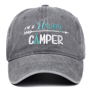 Vintage washed grey Happy Camper embroidered baseball cap with mountain tent design