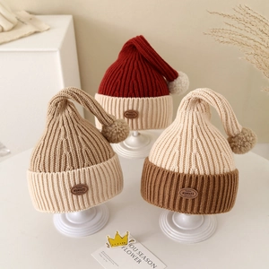 Toddler Baby Winter Knit Beanie Hat Acrylic Thickened Pointy Pom Pom Color Block Windproof Ear Protection Faux Leather Label