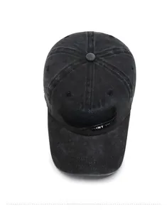 Top down view of washed cotton baseball cap featuring 3D Always embroidery on dark fabric