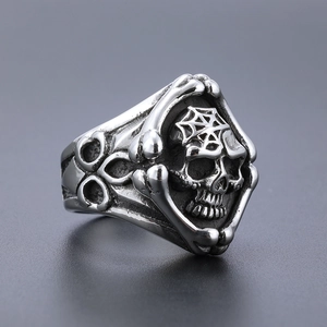 Gothic punk grim reaper skull ring in vintage stainless steel with intricate bone carvings