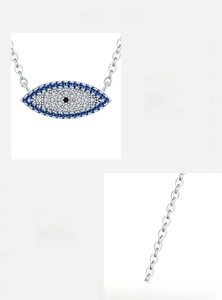 Macro detail of S925 sterling silver evil eye pendant with 5A blue cubic zirconia