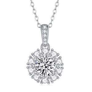 Close-up of S925 sterling silver sunflower pendant with moissanite stones and shining halo