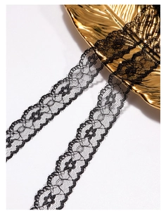 Close-up of black floral lace ribbon with intricate hollow patterns and scalloped edges