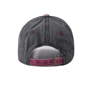 Detail view of cotton baseball cap back with metal slider and burgundy strap