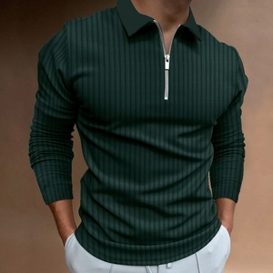 Men's dark green long sleeve polo shirt with vertical stripes and quarter-zip collar