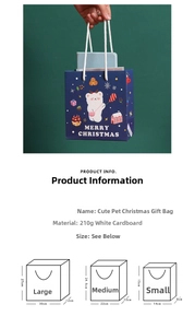 Size specifications for small, medium, and large cartoon Christmas gift bags in white cardboard