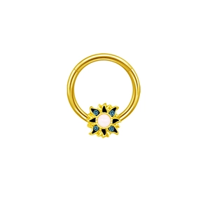 Piercing clicker fleur doré avec opale rose et zircons bleus au design ensoleillé