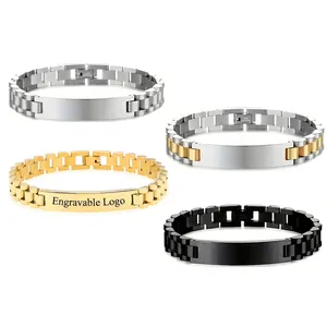 Adjustable stainless steel watch-style ID bracelets in silver, gold, and black finish