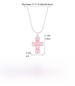 Detailed size chart for vintage pink cross pendant necklace with pearl bead chain information