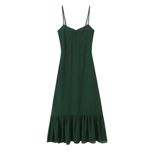 Elegant forest green long slip dress with thin straps and ruffled hem design