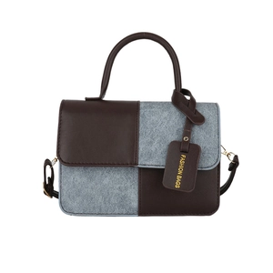 Minimalist square crossbody bag with blue tweed and dark brown leather contrast panels