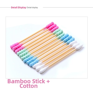 Detail display of dual-headed cotton swabs with spiral tips and bamboo sticks in four colors
