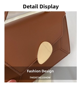 Close-up of brown leather handbag featuring pebble-shaped gold metal buckle and stitching