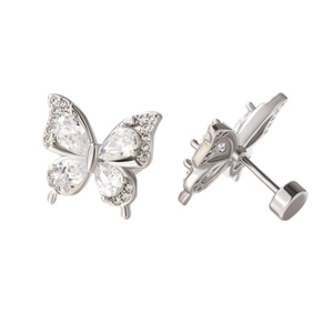 Elegant silver butterfly stud earrings with sparkling crystals and screw back closure