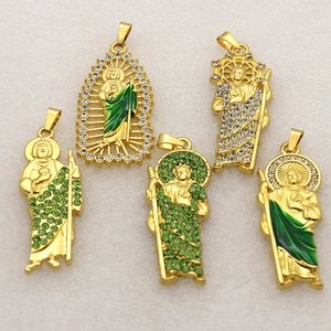 Religious St. Jude pendant necklaces in gold finish with vibrant green rhinestone accents