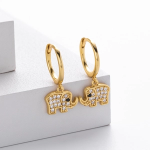 Elegant gold S925 sterling silver elephant hoop earrings with white zircon stones