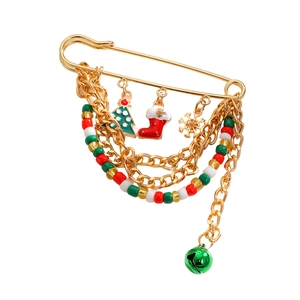 Christmas paperclip brooch with Santa tree snowflake and bell charms on gold chains