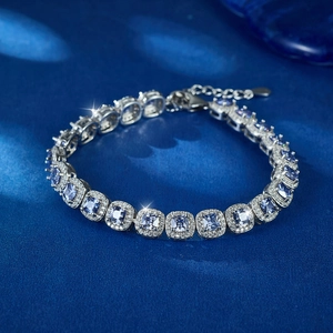 Luxurious S925 silver bracelet featuring square blue stones and sparkling zircon pavé