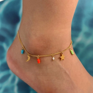 Stainless Steel Anklet With Star Moon Charms Colorful Beads And Artificial Pearl Tassel Bohemian Jewelry For Women