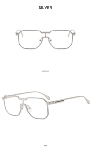 Details der silbernen Metall-Sonnenbrille mit quadratischem Rahmen in Front- und Seitenansicht