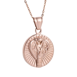Rose gold stainless steel necklace with cobra snake relief pendant on white background