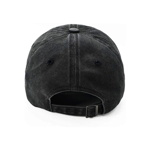 Dark grey washed cotton baseball cap featuring an adjustable metal buckle and stitching