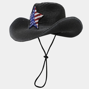 Black straw cowboy hat featuring American flag sequin star and adjustable chin strap