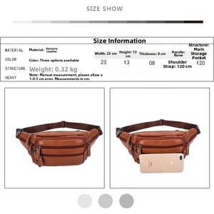 Size chart for genuine leather waist bag showing dimensions of 23x13x8 cm and 0.32kg weight