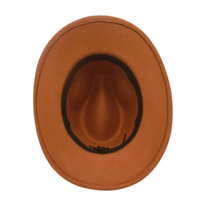 Interior detail of caramel fedora hat with black sweatband and authentic care label