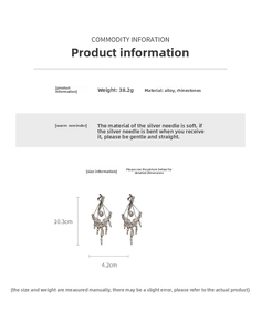 Detailed view of silver needle rhinestone tassel earrings showing size and specifications