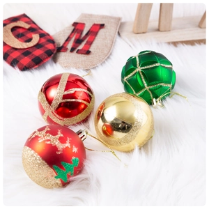 Detailed view of hand-painted Christmas ornaments with festive patterns on white faux fur