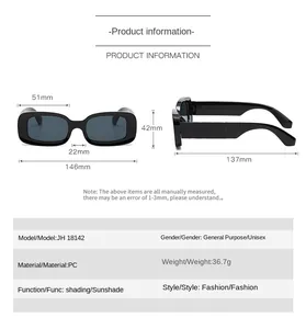 Detailed sizing chart and technical specifications for square frame fashion sunglasses