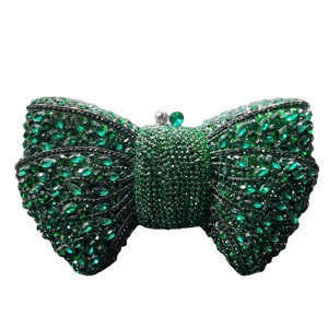 Elegant green bow-shaped rhinestone clutch bag for evening parties with crystal embellishments