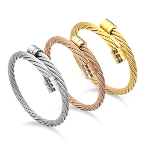 Titanium Stainless Steel Twisted Cable Wire Bracelet For Men Open Cuff Adjustable Bangle Hip Hop Punk Jewelry