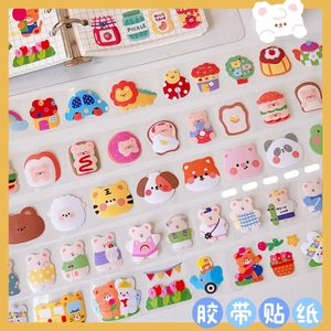 Close-up of cute cartoon bear and animal stickers on transparent PET tape for DIY journaling
