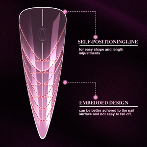 Macro view of pink almond dual nail forms with red scale lines for extension