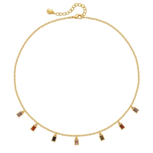 Golden necklace with colorful cubic zirconia square pendants on thin adjustable chain