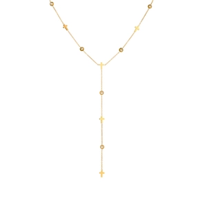 Elegant gold stainless steel Y-shaped necklace with cross pendants and zircon crystals