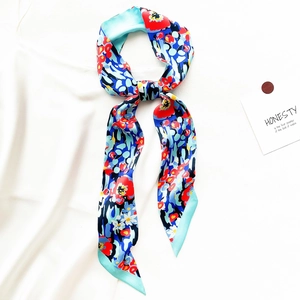 Detailed pattern of floral silk skinny scarf with blue borders for hair or neck