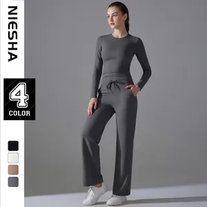 Ensemble de Yoga pour Femmes en Nylon Haute Élasticité Haut à Manches Longues et Pantalon Large à Cordon Fitness Sport
