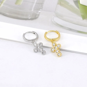 Elegant silver and gold geometric cross earrings with zircon studs for women
