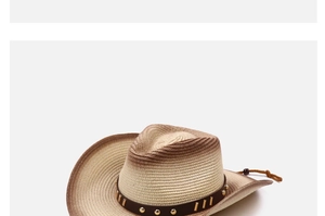 Detail of vintage cowboy straw hat featuring gradient weave and studded leather band
