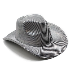 Detail of silver and black striped western cowboy hat with glossy metallic finish